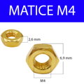Matice M4 zlatá  Materiál: Šestihranná matice, Závit: M4, Materiál: Kov, Barva: Zlatá, Výška: 2,6mm, Vnější průměr: 6,9mm Barva: Zlatá Výška: 2,6mm Vnější průměr: 6,9mm Závit: M4