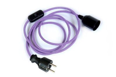 Textilní kabel Zig Zag Fialovo-Bílá 22 s objímkou, vypínačem a vidlicí