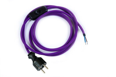 Přívodní textilní kabel k lampičce 1,8 m Fialový Tmavý 16, vidlice + vypínač