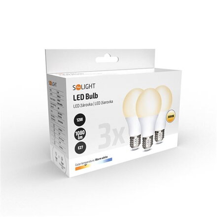 Solight LED žárovka, 12W, E27, 3000K, 1080lm, 3ks v balení