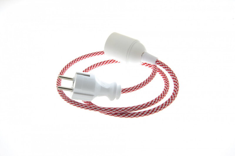 Textilní kabel 2x0,75mm2 Spirála Červeno-Bílá 26  s objímkou a vidlicí