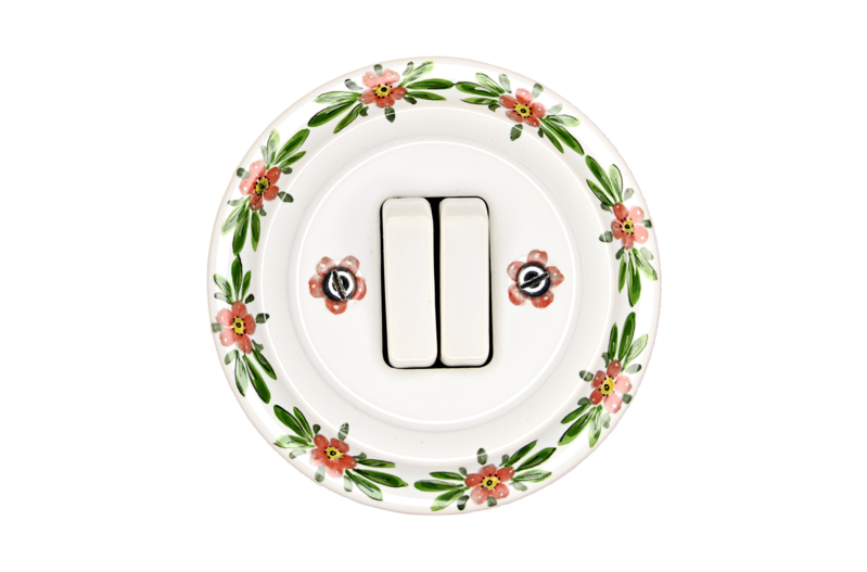 Ručně malovaný porcelánový dvoupáčkový vypínač s rámečkem - bílý 