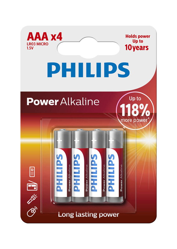 Baterie AAA  Mikrotužkové, Alkalické,  Philips, 4 ks