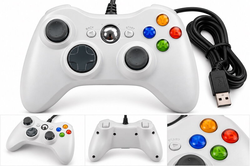 Drátový USB gamepad ve stylu Xbox 360 pro PC – dvojité vibrace, bílý