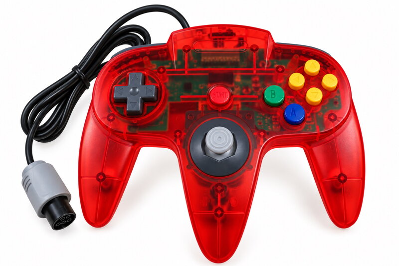Drátový ovladač pro Nintendo 64 (N64) – transparentní červený