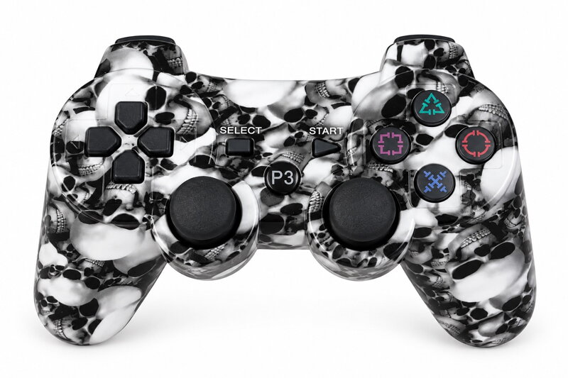 Bezdrátový gamepad pro PS3 s vibracemi – černobílý motiv lebek