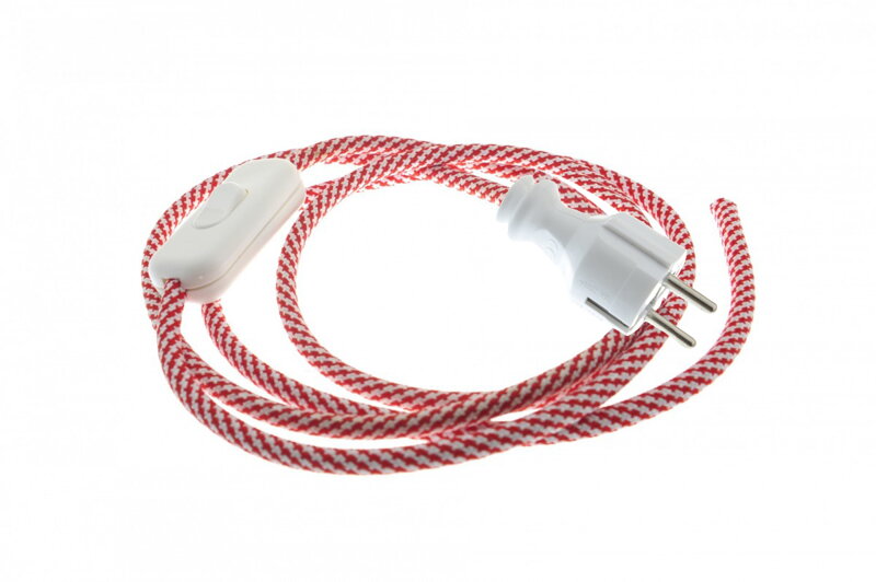 Přívodní textilní kabel k lampičce 1,8 m Spirála Červeno-Bílá 26, vidlice + vypínač