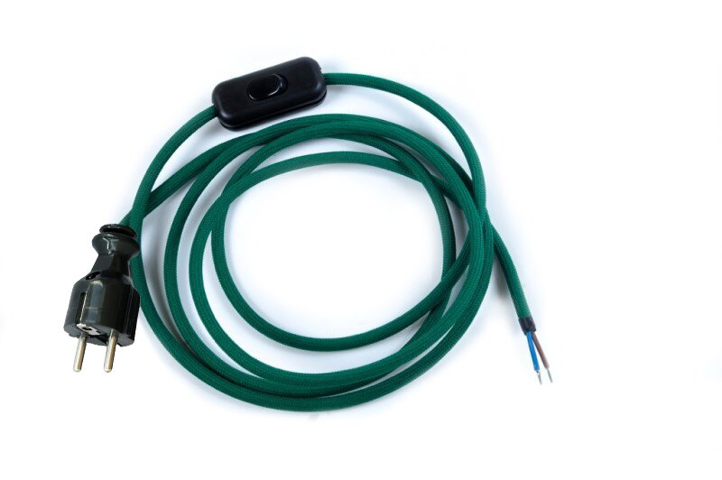 Přívodní textilní kabel k lampičce 1,8 m Zelený 1, vidlice + vypínač Přívodní textilní kabel k lampičce 1,8 m Zelený 1, vidlice + vypínač