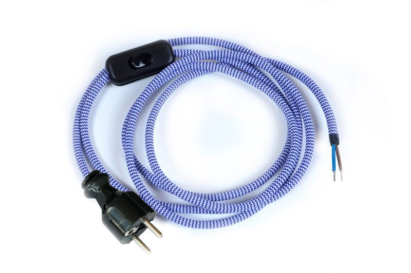 Přívodní textilní kabel k lampičce 1,8 m Zig Zag Modro-Bílá 23, vidlice + vypínač